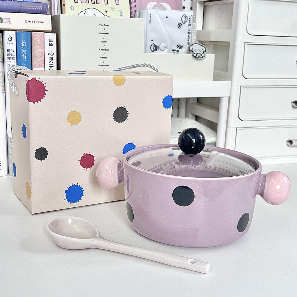 Give Girls Birthday Gifts, Cute Contrasting Colors, Polka Dots, Ceramic Instant Noodles Bowl with Lid, Girlfriend Practical Souvenir Gift Box.