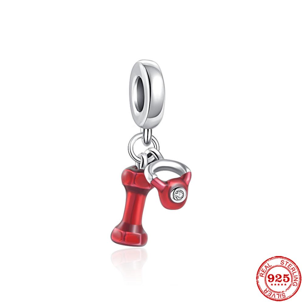 925 Silver Dumbbell Pendant Charm Bead For Women Pink Black Red DIY Jewelry Fit Original Bracelet Girl Gift