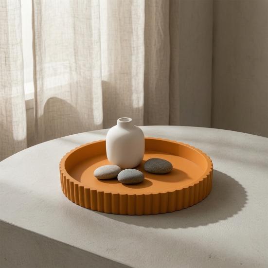 Round Decorative Tray for Coffee, Dining Table, Countertop, 3D Printed Scalloped Edge Serving Tray for Farmhouse, Kitchen, Home, Living Room