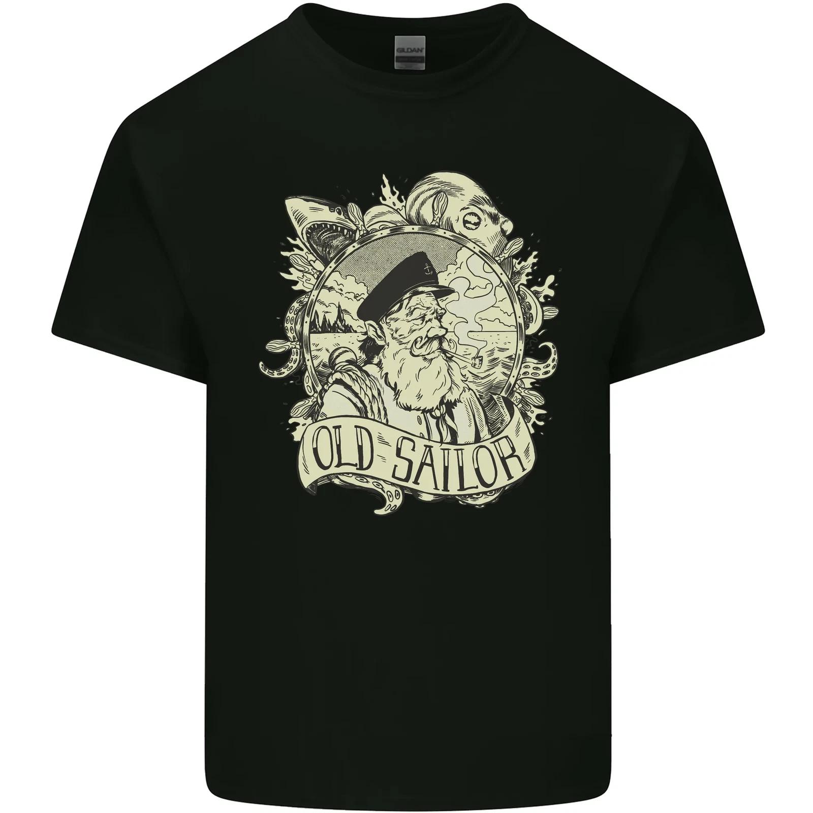 Old Sailor Octopus White Shark Captain Kids T-Shirt Childrens S