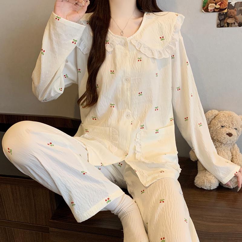 Women's Cartoon Lace Peter Pan Collar Cotton Pajamas - Long Sleeve, Spring/Fall, Winter Style