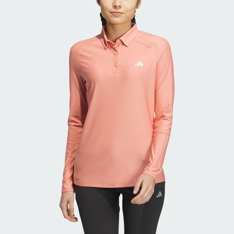 Adidas Stretch Long Sleeve Polo Shirt Solid Logo Golf Long Sleeve Polo Women tops Earth-Brown HZ6108