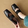 French Square Head Shallow Mouth Leather Single Shoes Women's 2025 Autumn Elastic Band Medium Heel Thick Heel Soft Sheepskin Mary Jane Shoes Women