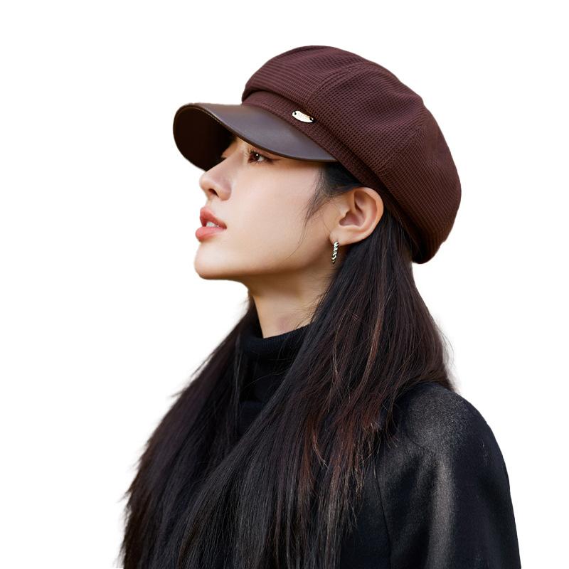 Autumn and Winter Hats Women's High-end Small Gold Standard Leather Hat Brim Octagonal Hat Literary Temperament Retro Newsboy Hat New