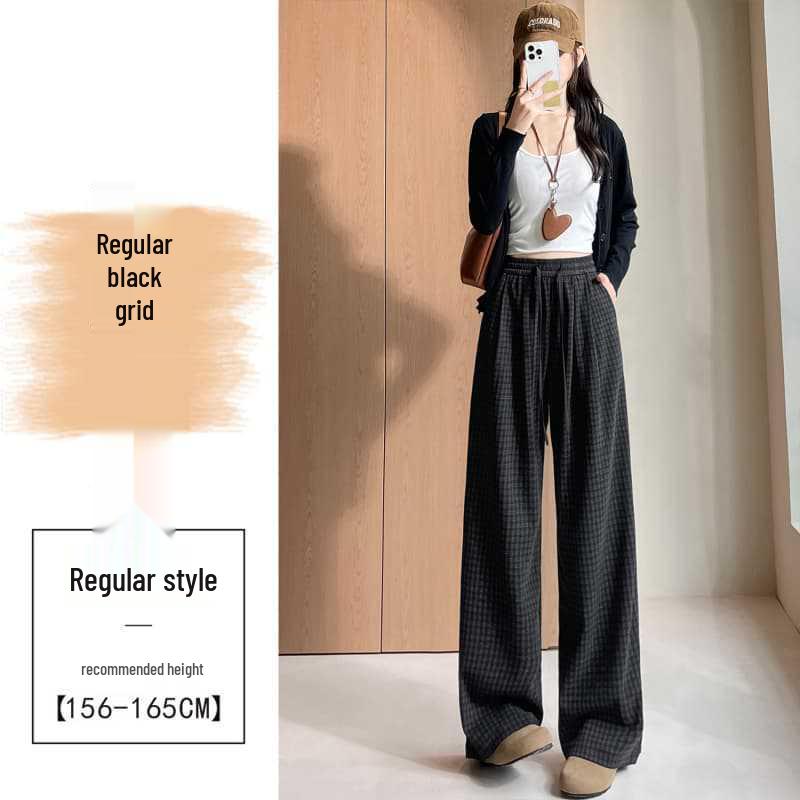 Women's Autumn 2025 Blue Plaid High-Waist Wide-Leg Pants with Drawstring - Retro, Slimming, Casual Style