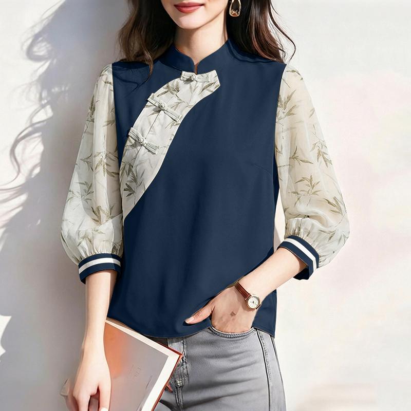 ZANZEA Women Casual Splice 3/4 Sleeve Stand Collar Loose Blouse