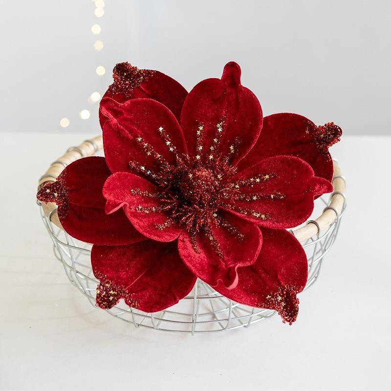 1pc Artificial Poinsettia Christmas Magnolia Flowers with Stems  Glittery Faux Flowers for Xmas, Wedding & Holiday Decor