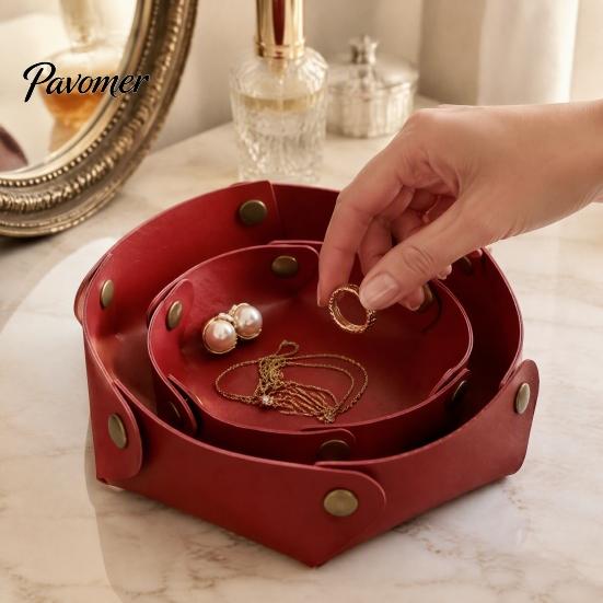 Dresser Top Organizer PU Leather Folding Storage Tray, Waterproof Portable Jewelry Dish, Luxury Nightstand Accessory Retro Rivet Desktop Tray