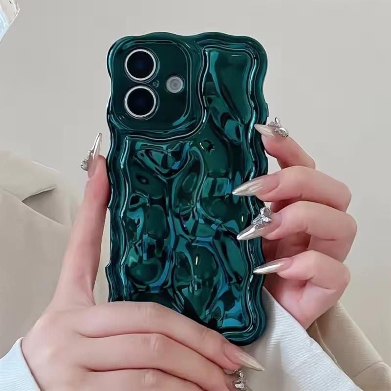 

Роскошный чехол для телефона с 3D-текстурой волны, мягкий, однотонный, для iPhone 17 16 15 14 13 12 Pro Max 11, креативная полная защита, противоударный бампер iPhone 17 Pro Max зелёный