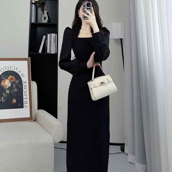 

Spring long-sleeved French waist design shows medium and long temperament, new square collar thin dress casual 2XL