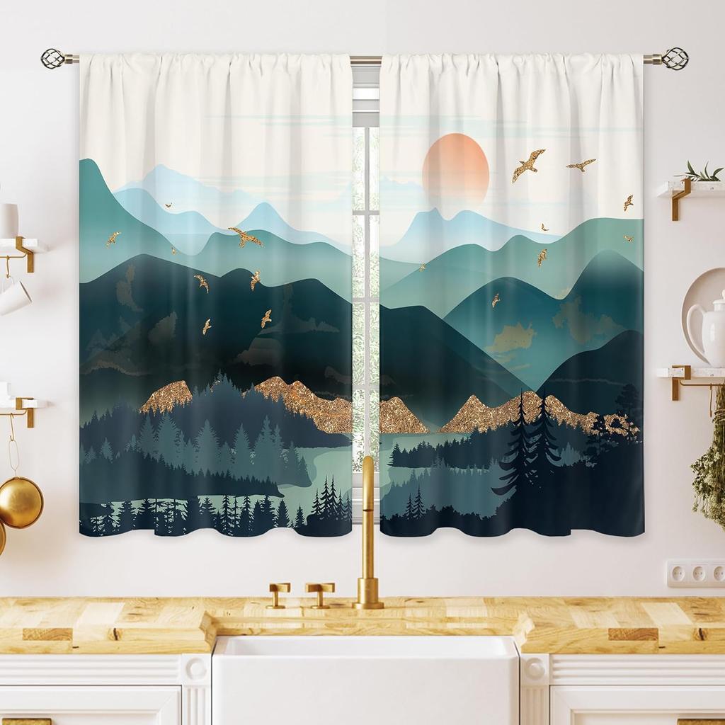 Green Boho Flower Small Kitchen Curtains Flower Plant Window Treatment Botanical Herb Chic Rod Pocket Cafe Short Window Curtains