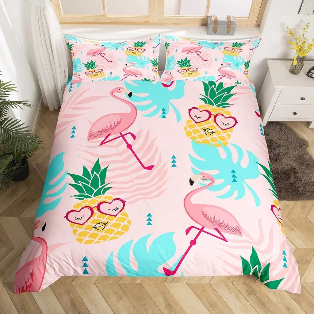Pink Flamingo Comforter Cover Green Palm Leaves Printed Bedding Set Duvet Cover for Teen Boys Girls Women Full Queen King Size