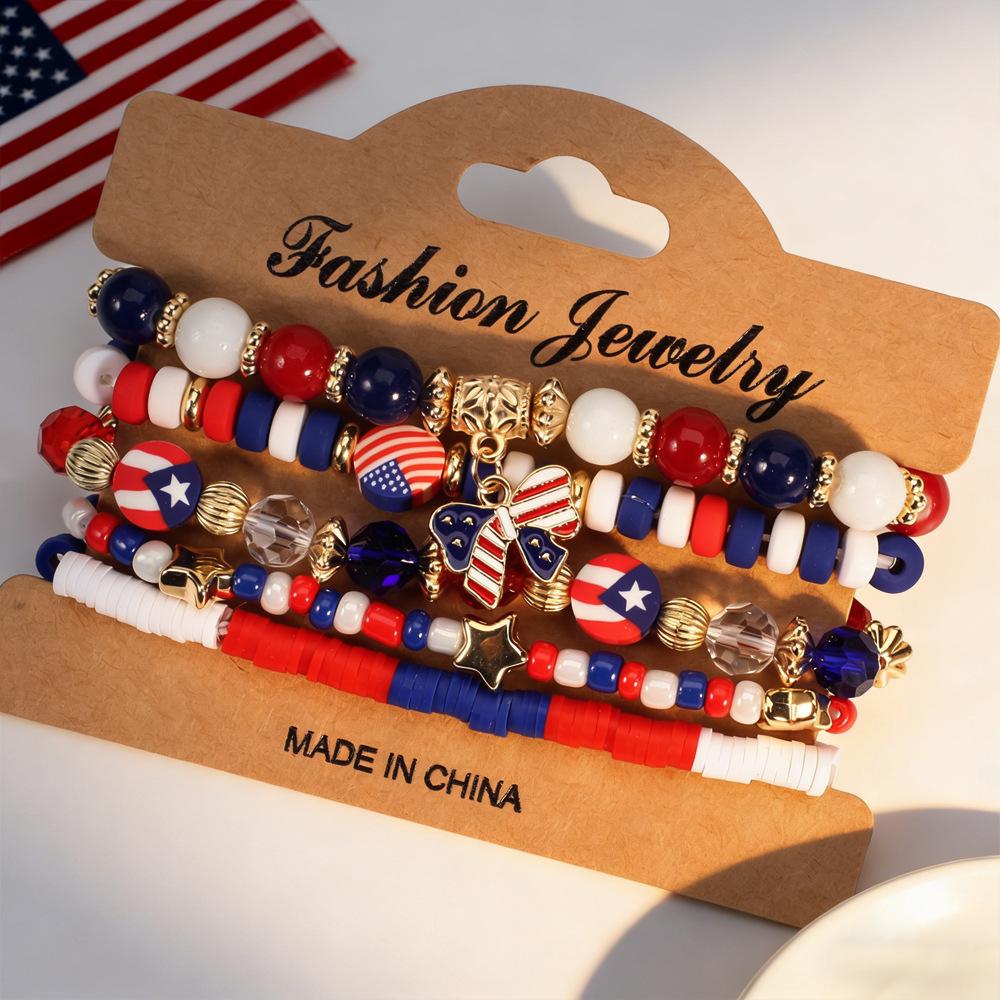 Independence Day Red, White & Blue Beaded Bracelet Set with Artificial Crystal & Polymer Clay