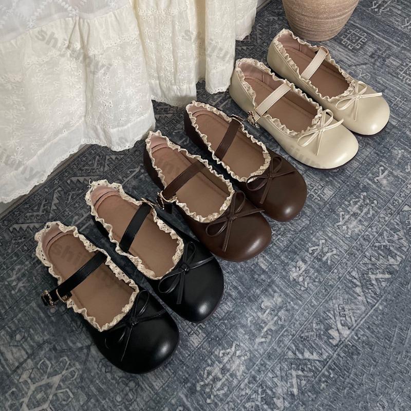 Women's Leather Shoes 2025 Spring Autumn Round Toe Vintage Bow-knot Flats Lightweight Comfortable Luxury Mary Jane Shoes