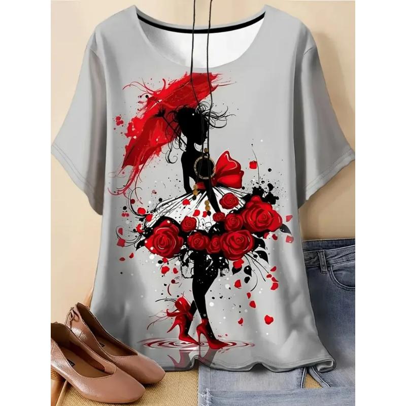 Fashion Women's Crew Neck Short Sleeve 3D Color Printed Portrait Short Sleeve Crew Neck T-Shirt