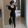 Black V-Neck Spaghetti Strap Summer Dress: Slimming, Sexy Slit Long Skirt for Women