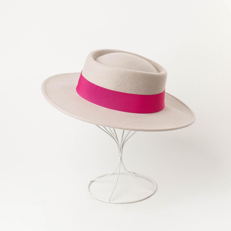 Neuer ringförmiger flacher Wollfilz-Zylinderhut mit breiter Krempe, Damenmode Frühling, Herbst und Winter flacher Wollzylinderhut