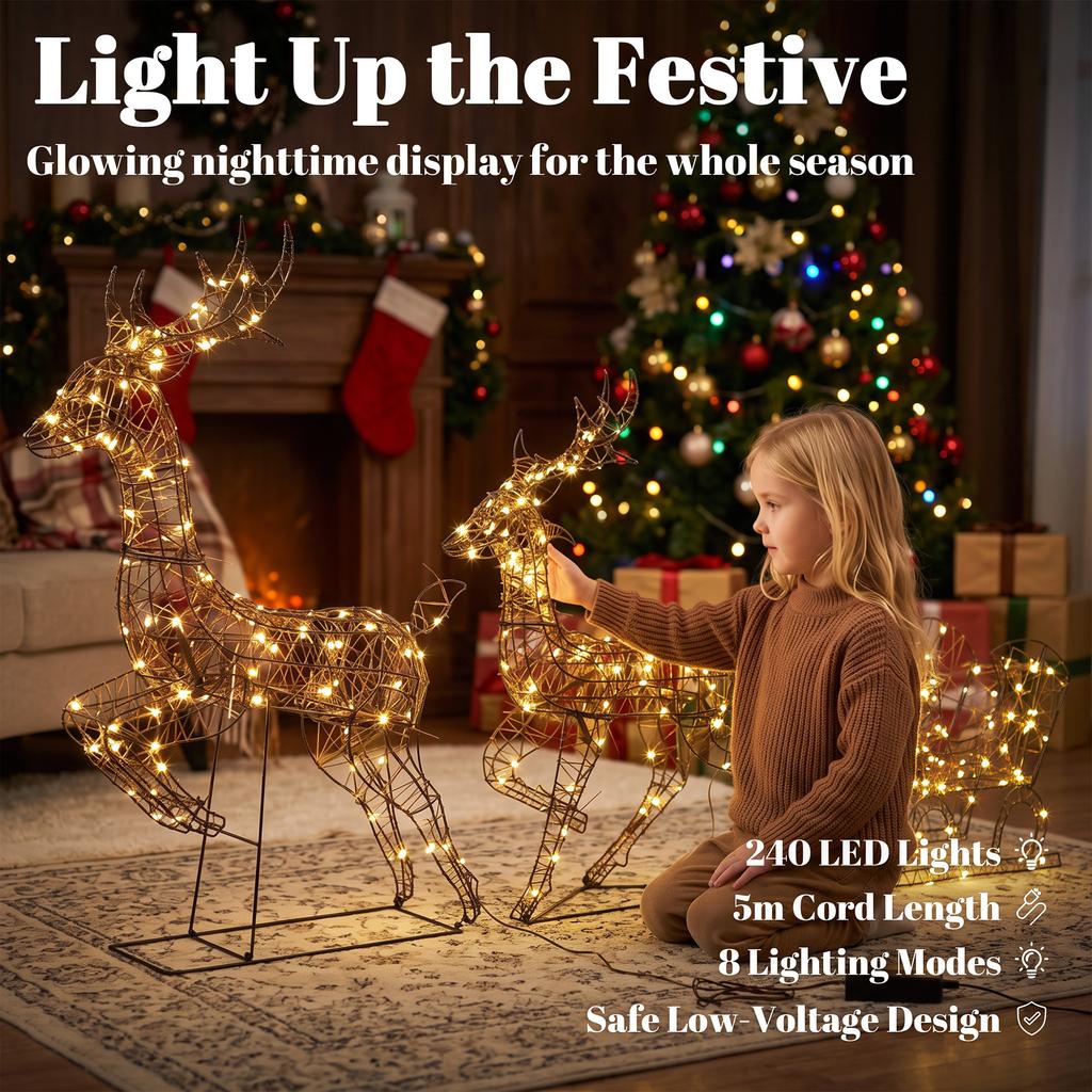 3-Piece Lighted Reindeer and Sleigh Set, PP Rattan Outdoor Christmas Decoration with LEDs, 8 Modes, Daily Timer