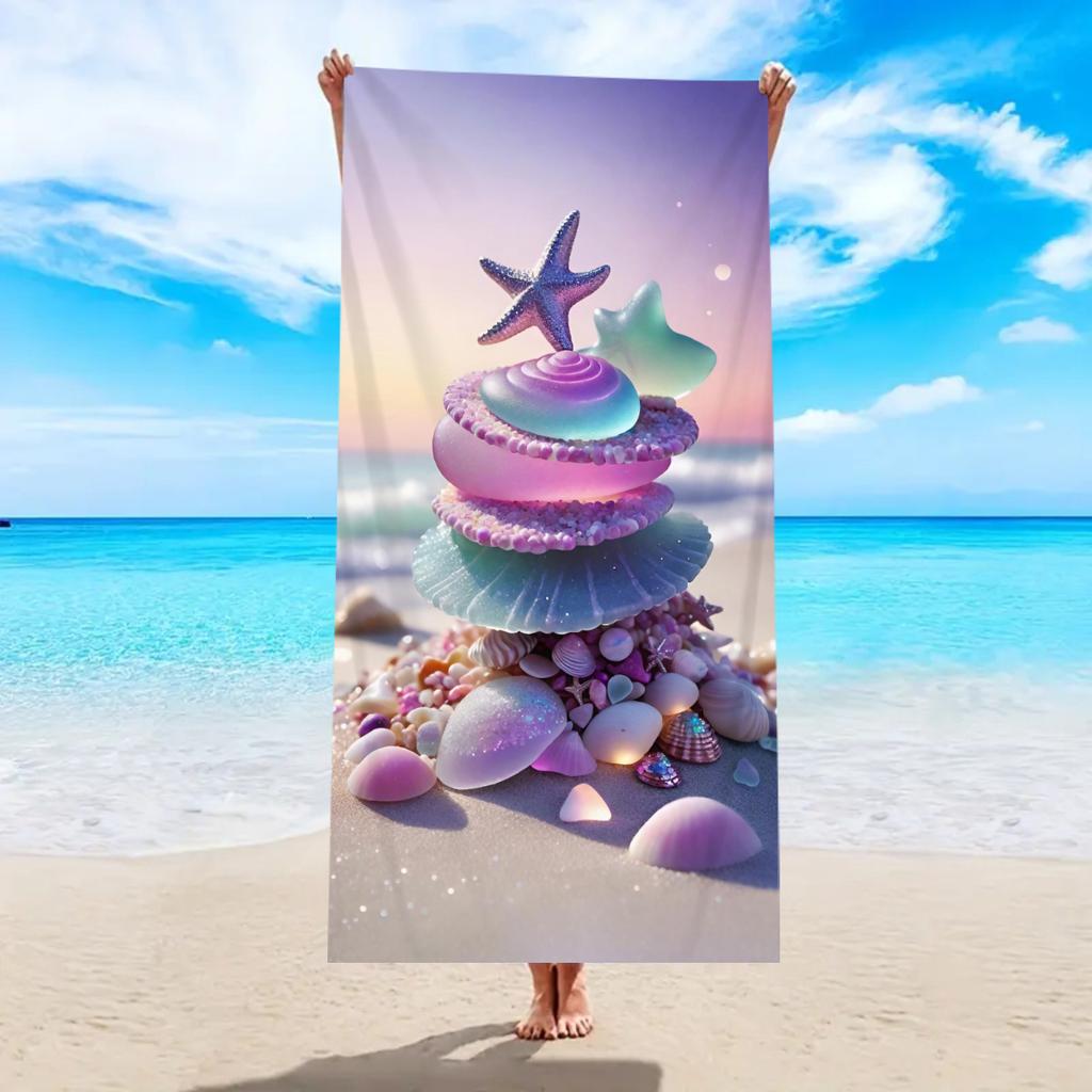 Beach-Style Shell & Starfish Polyester Beach Towel, 2D Printed, Quick-Dry Lightweight, All-Season Unisex, Ideal for Beach/Surfin