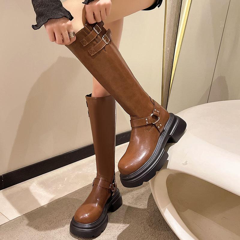 Retro Brown Western Cowboy Boots Women's 2025 New Belt Buckle Knee Long Boots Thick-soled High Knight Boots