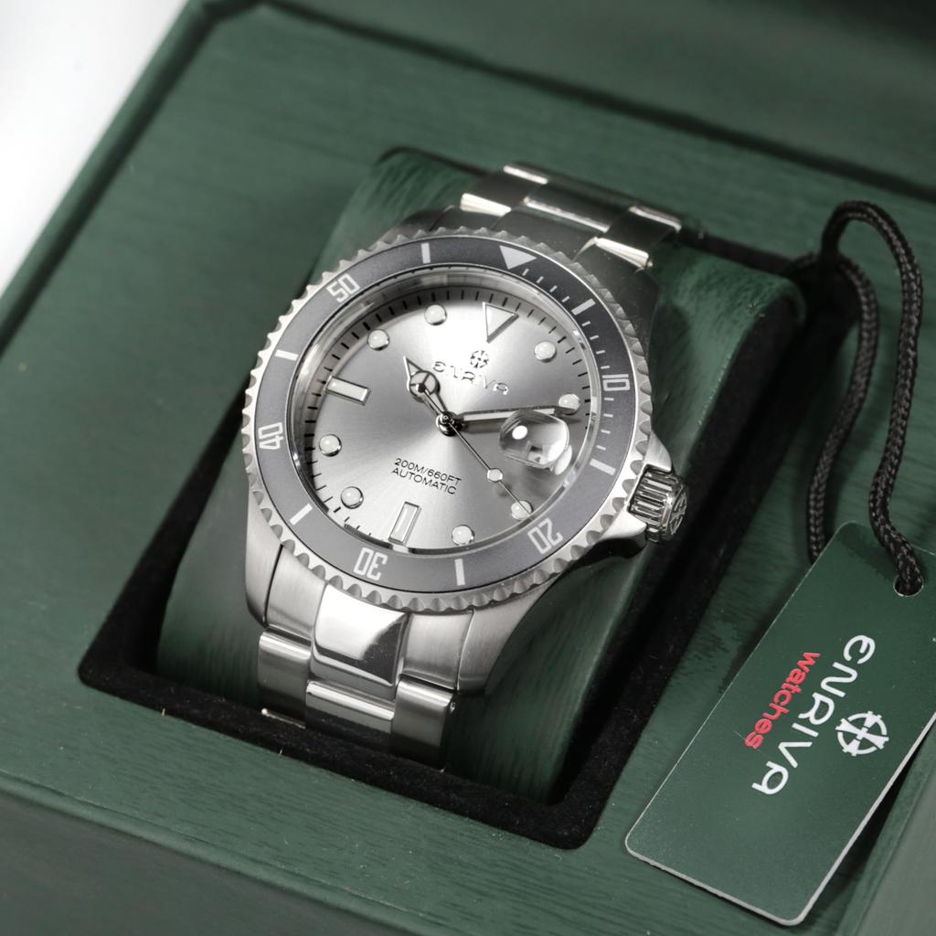 ENRIVA 200m Waterproof Diver Automatic Watch Stainless Steel Band Professional Japanese Automatic Watch for Men with 3 Hand Date Calendar Rotating