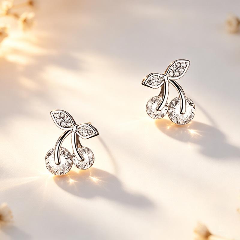 Cherry Zircon Inlaid Ear Studs: Women's Sweet, Versatile, High-End Niche Luxury Earrings