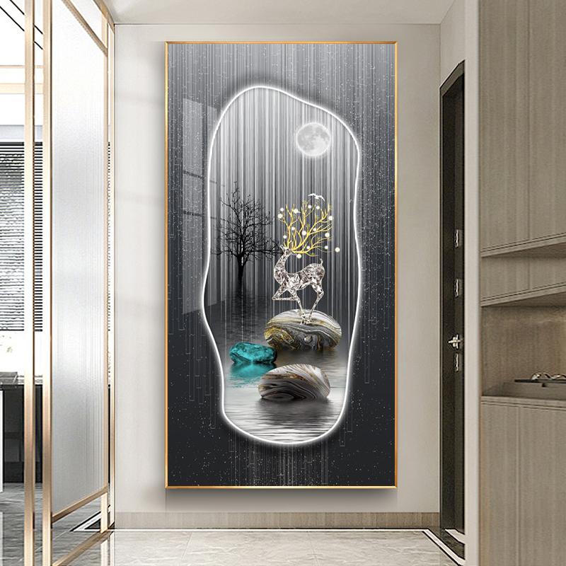 Abstract Fengshui Golden Deer Canvas Painting Zen Stone Posters and Prints Modern Luxury Leaves Wall Art for Porch Decor Unframe