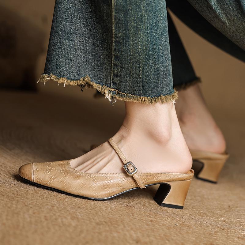 Fashion 2025 NEW Summer Women Mules Genuine Leather Women Shoes Square Toe Chunky Heel Cover Toe Slingback Sandals Modern Slippers