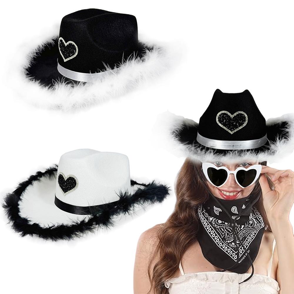 Rhinestone Love Heart Women Glitter Cowboy Hat Fur-edged Cowgirl Hats Women Funny Performance Costume Cosplay Hat for Wedding