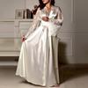 Women Lace Stitching Long Bathrobes Nightgown Soft Silk Dressing Gown Bath Robe Large Size Sexy Pajamas