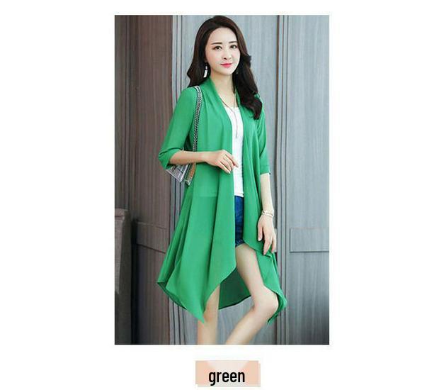 Women's Plus Size Chiffon Cardigan Trench Coat: Mid-Length, Versatile Spring/Summer Shawl for Middle-Aged & Elderly with Sun Protection.