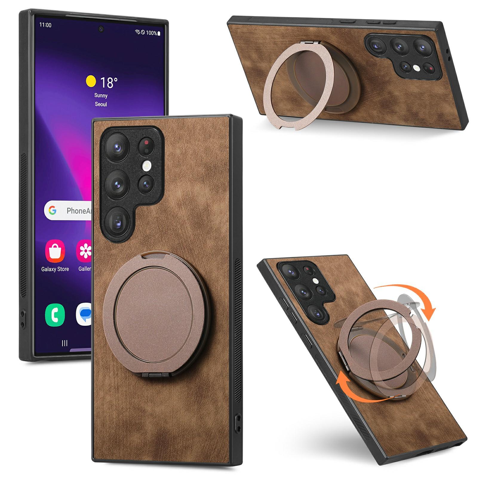 

For Samsung Galaxy S23 Ultra Phone Case with Rotating Kickstand Stress Relief Retro Leather Back Cover Brown
