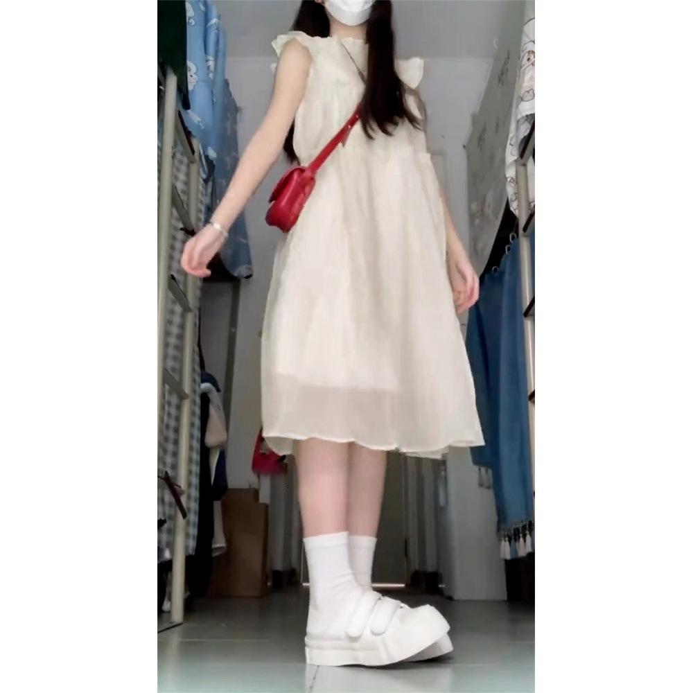 Summer new round neck small flying sleeve dress women's niche fresh loose and thin vest skirt
