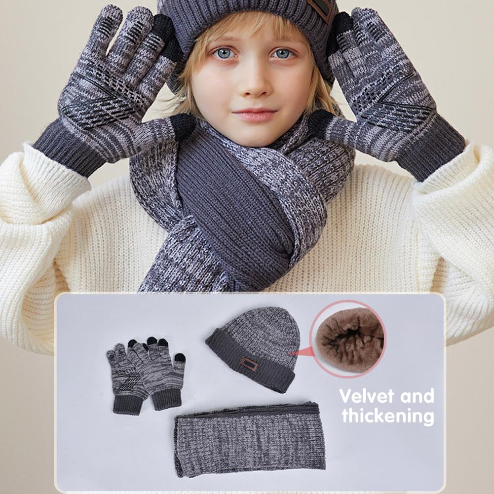 3pcs Children's Soft Knitted Hats Scarf Gloves Set Windproof Warming Kid Three Piece Set Beanie For Outdoors School Sports