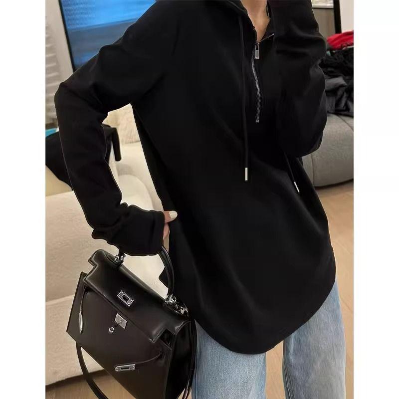 Women's Dark Gray Hooded Long-Sleeve Loose-Fit Half-Zip Top for Autumn/Winter