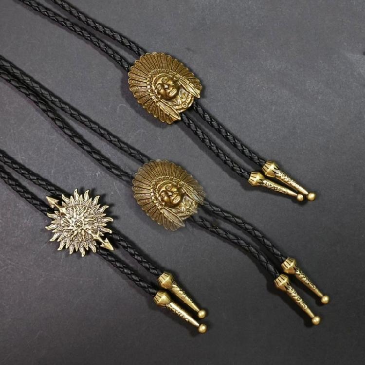 Men's Classical Leather Cord Bolo Tie with Metal Pendant Western Vintage Necktie Shirt Collar Necklace for Festivals