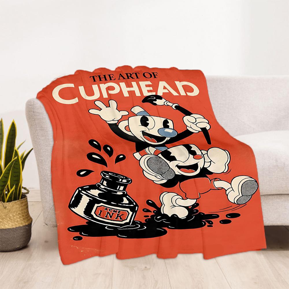 1PC Cuphead Art Outdoor Flannel Throw Blanket HD Printed Lightweight Soft Warm All Season Blanket for Sofa, Bed, Travel