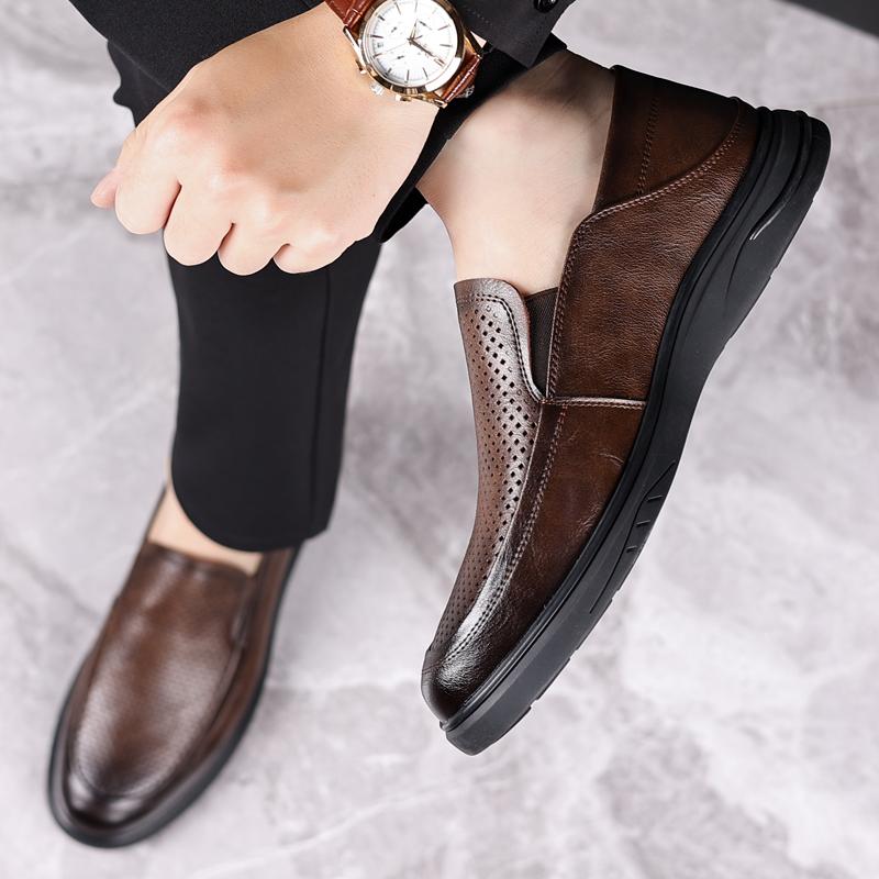 Fashionable Men's Leather Summer Hollowed Out Business Dress Leather Shoes Brand Men's Breathable Non Slip Casual Leather Shoes
