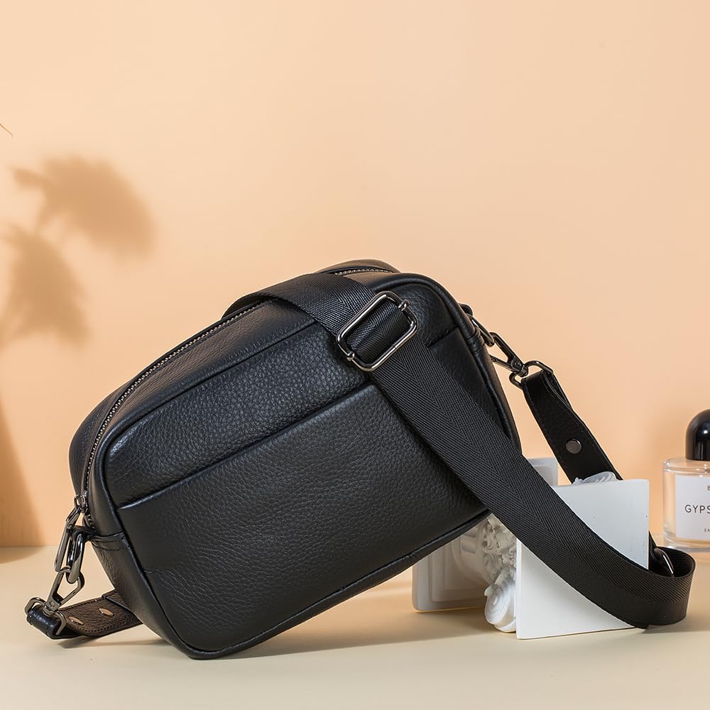 Yocipa Genuine Leather Shoulder Bag for Women, Small Crossbody Bag with Dividers, Compact Square Design, Lightweight (Black)