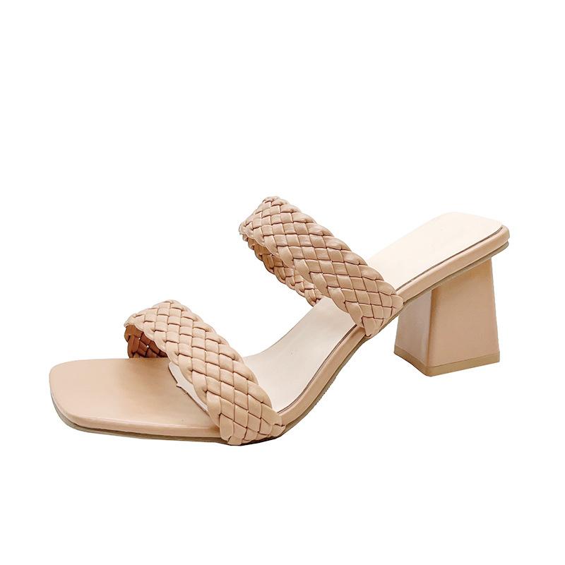 New Summer Woven Outer Wear Versatile Roman Slippers Outer Wear Thick Heel Open Toe Word with Fashion Cool Slippers