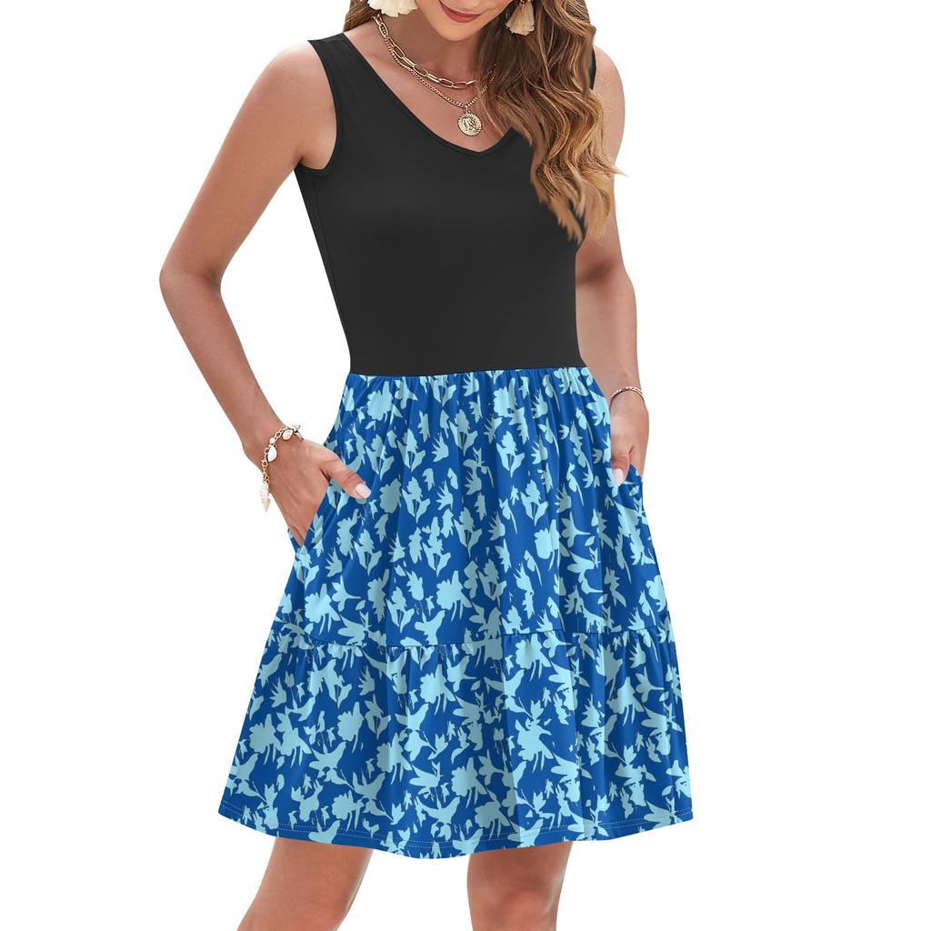 Women's Summer Fashion Casual V-neck Pleated Patchwork Vintage Floral Print Sleeveless Pocket Vest Dress