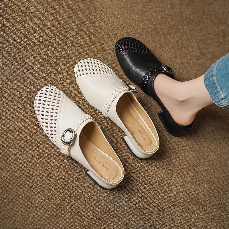 3Cm Thick Heel Leather Hollow Roman Bag Head Half Slippers Women's Outer Wear 2025 New Woven Mary Jane Mill Shoes
