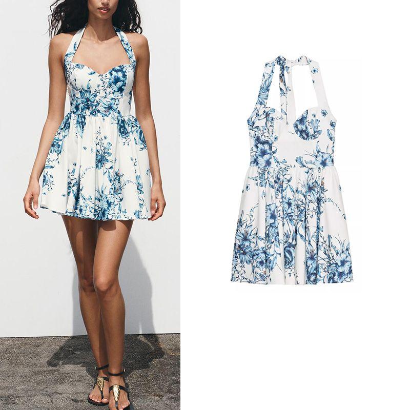 Spring and Summer New Women Clothes Bowknot Decoration Flowers Print Hanging Collar Backless Short Dress 0085131