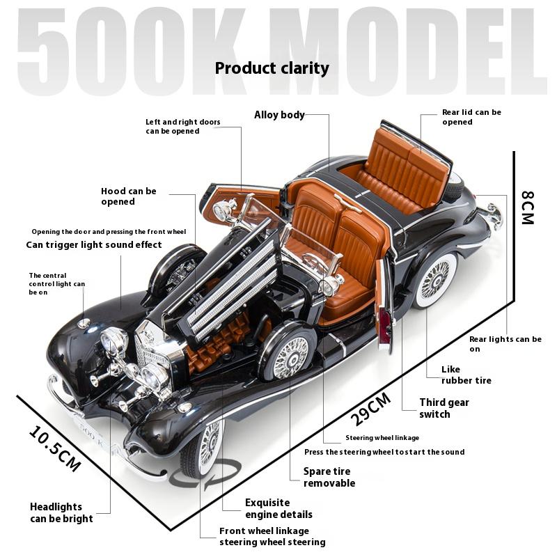 1/18 Benz Retro Car 500K Alloy Car Model, Simulated Sound and Light Vintage Car Children's Toys, Boys Gift Collection Ornaments