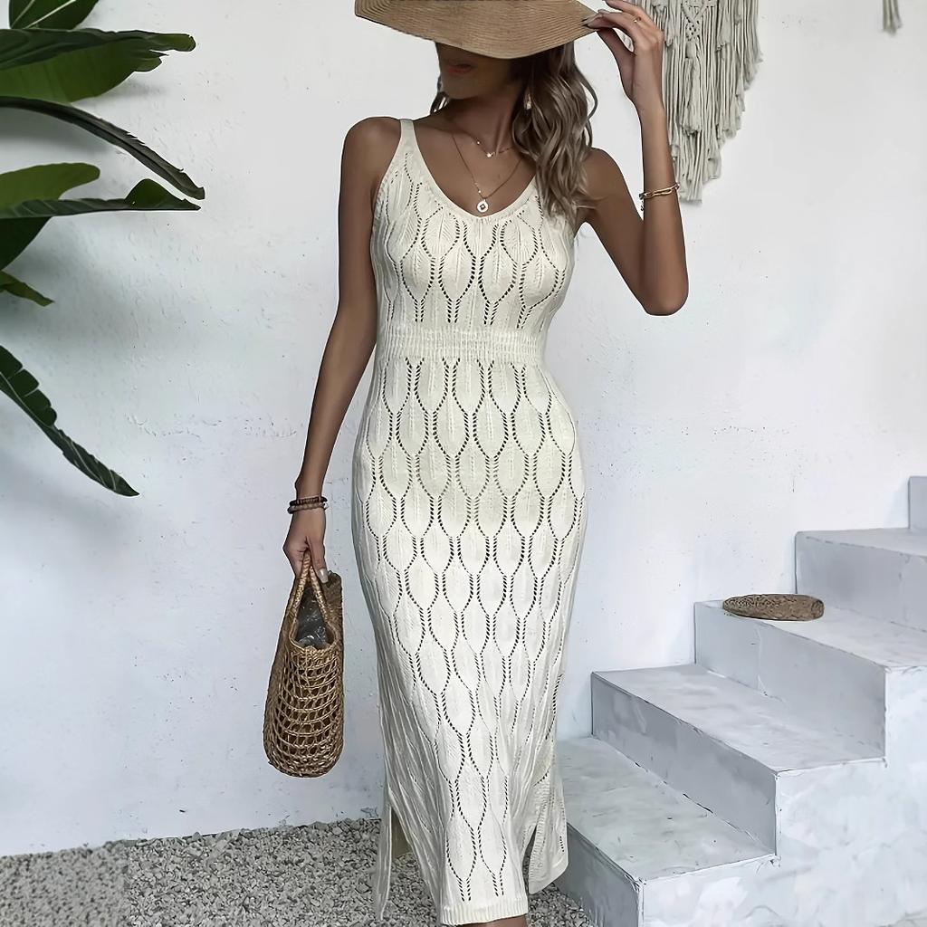 Women's V Neck Sleeveless Knit Midi Dress Slim Fit Elastic Waist Elegant Solid Hollow Out Beach Dress