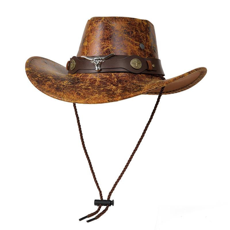 Cow Head Belt Rivet Jazz Hat Men'S And Women'S Spring, Summer And Autumn Outdoor Travel Sun Hat Big Edge Tibetan Western Cowboy Hat
