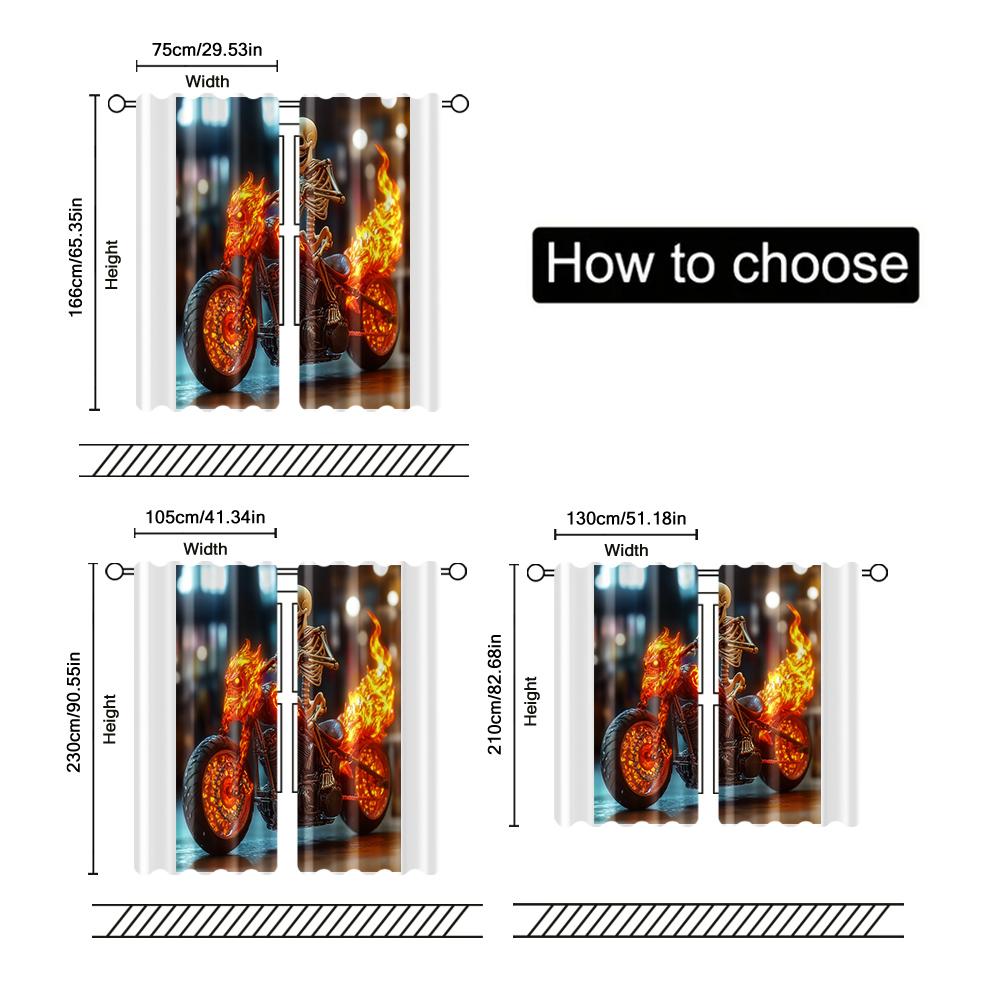 Set Of 2 Filtering Curtains Excluding Rods Non Movable Without Batteries Flame Skull Motorcycle Curtain Made Polyester