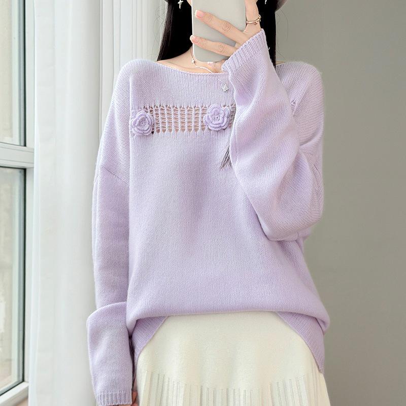 2026 Autumn/Winter Pure Wool One-Shoulder Knit Sweater with 3D Embroidery