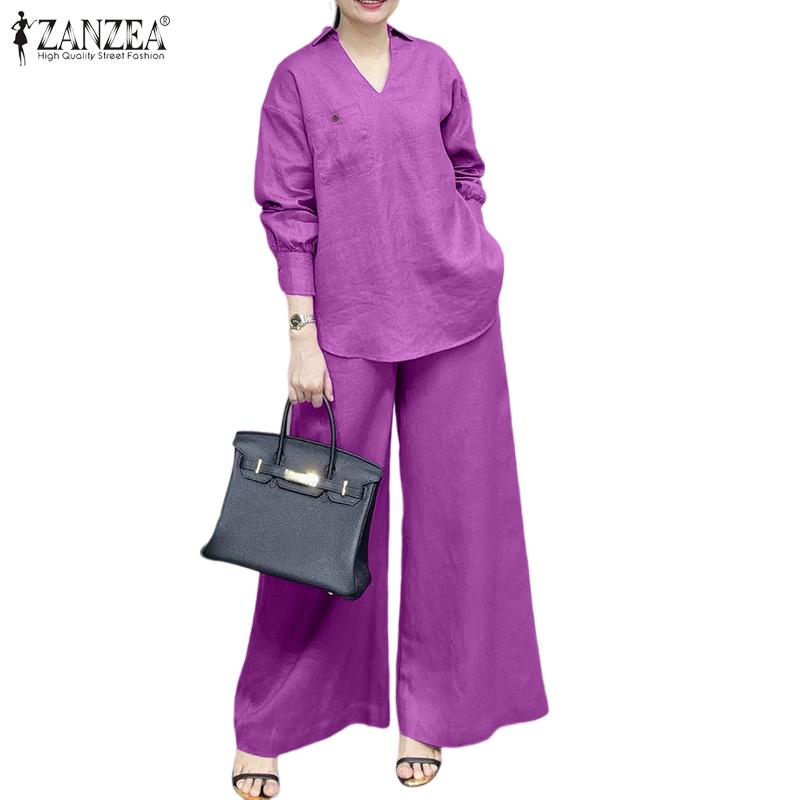 ZANZEA Women Long Sleeve Blouse and Pants Casual Two Piece Suit Sets