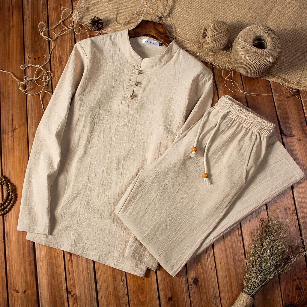 Ladies' cotton and linen button long-sleeved shirt set